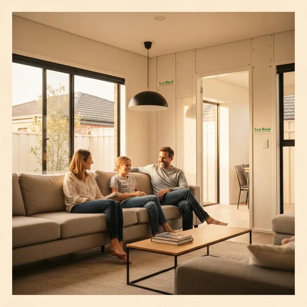 Family enjoying time together in a modern living room with Eco Bead wall insulation visible, highlighting comfort and energy efficiency.