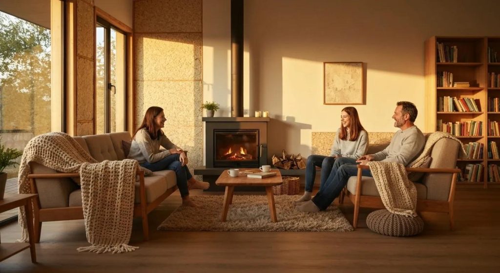 Family enjoying a cozy living room with Eco Bead insulation materials visible, highlighting energy efficiency and comfort