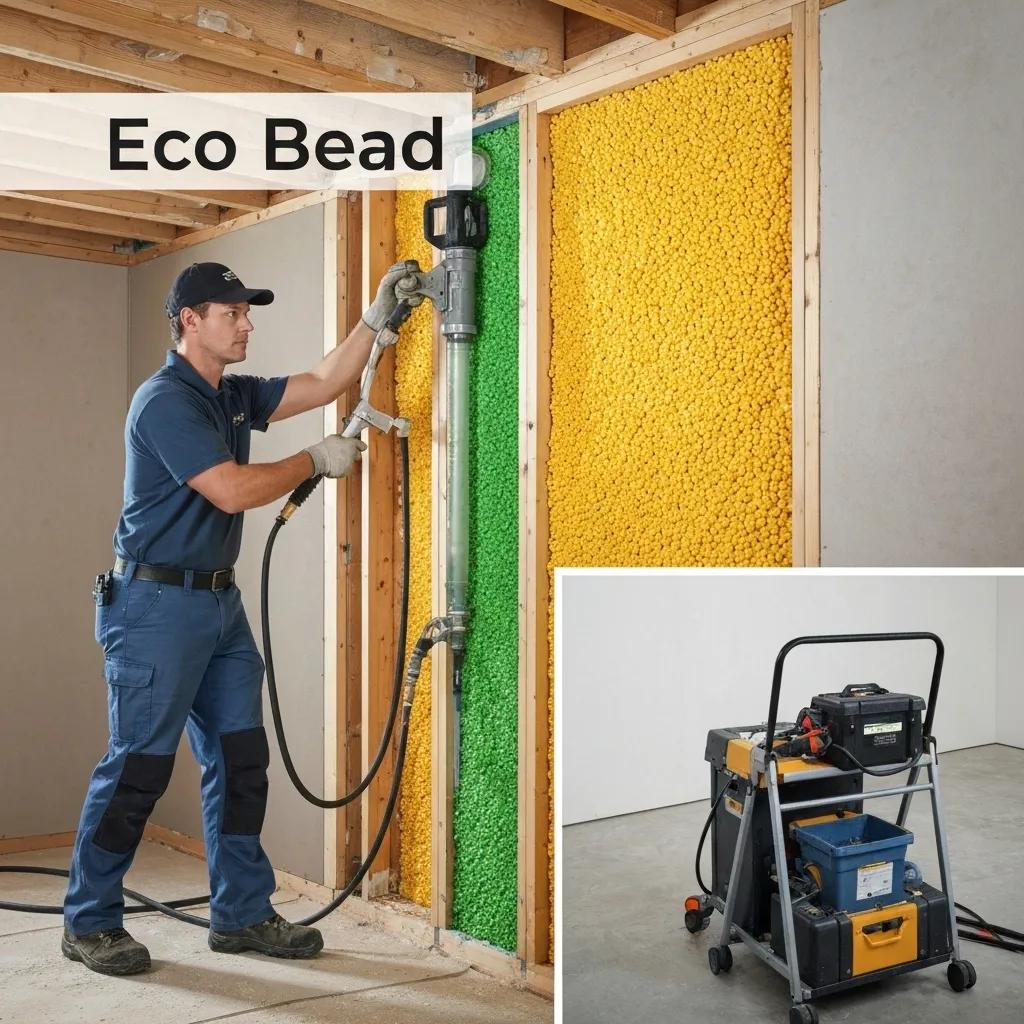 Technician performing Eco Bead insulation installation using no-drilling method, showcasing the process and tools