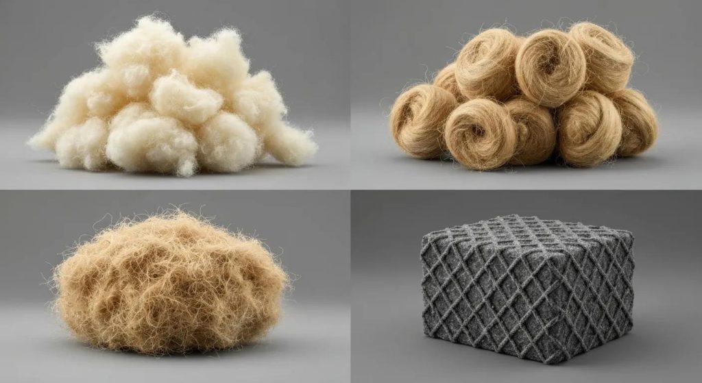 Various loose fill insulation materials showcasing their textures and eco-friendly characteristics