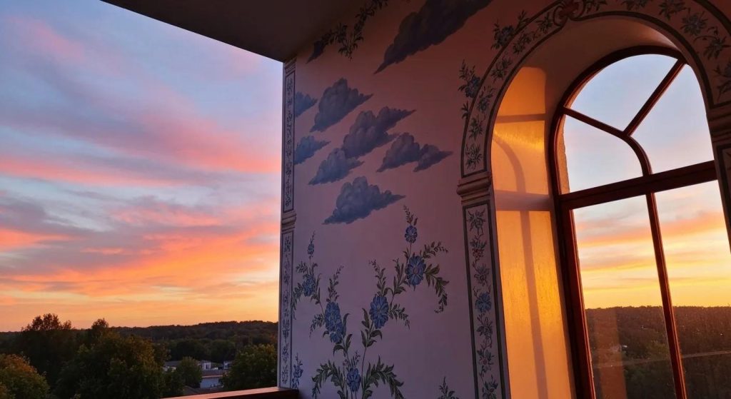 a fine painted wall next to a window showing sunset outside