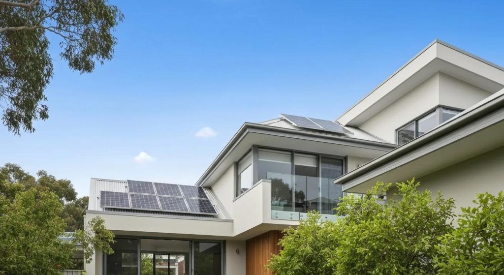 Modern home in East Perth with solar panels and greenery, illustrating energy efficiency and sustainable living.