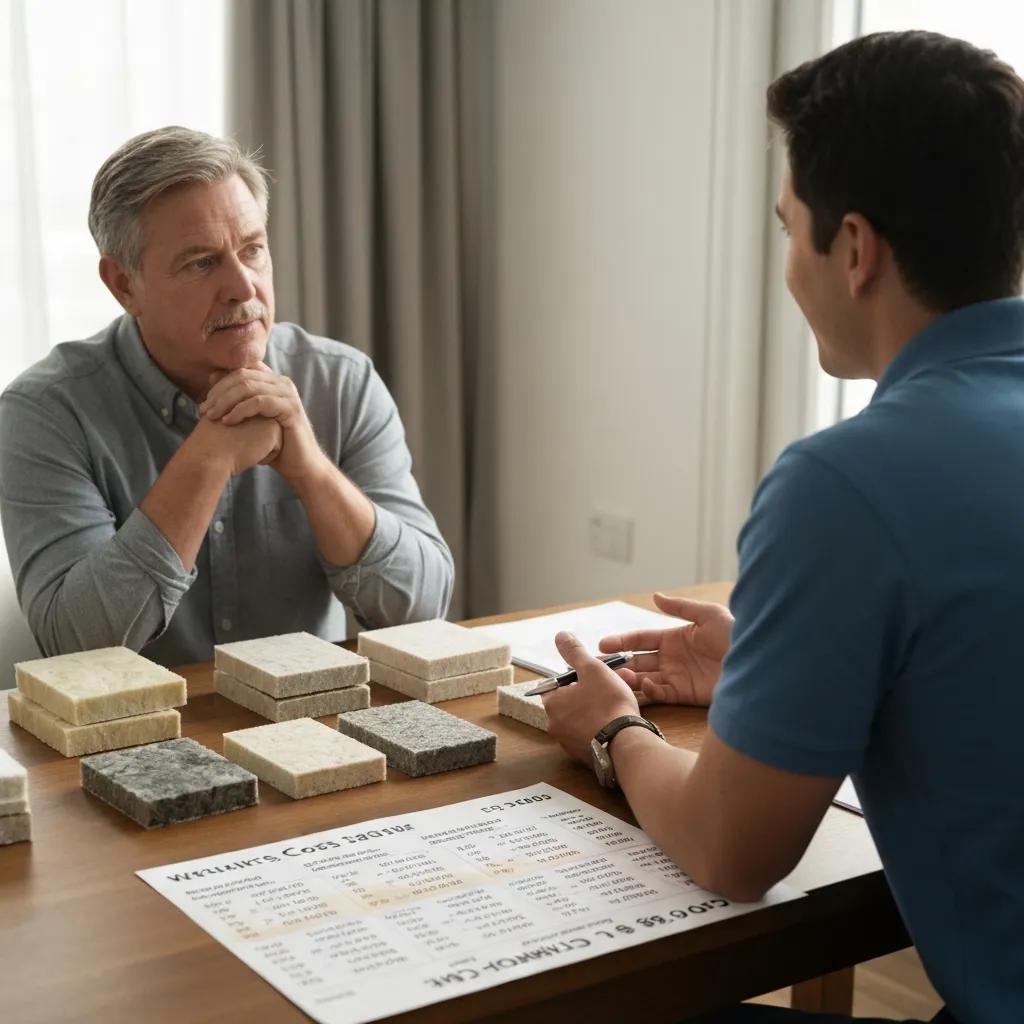 Homeowner consulting with contractor about blow-in insulation options and costs