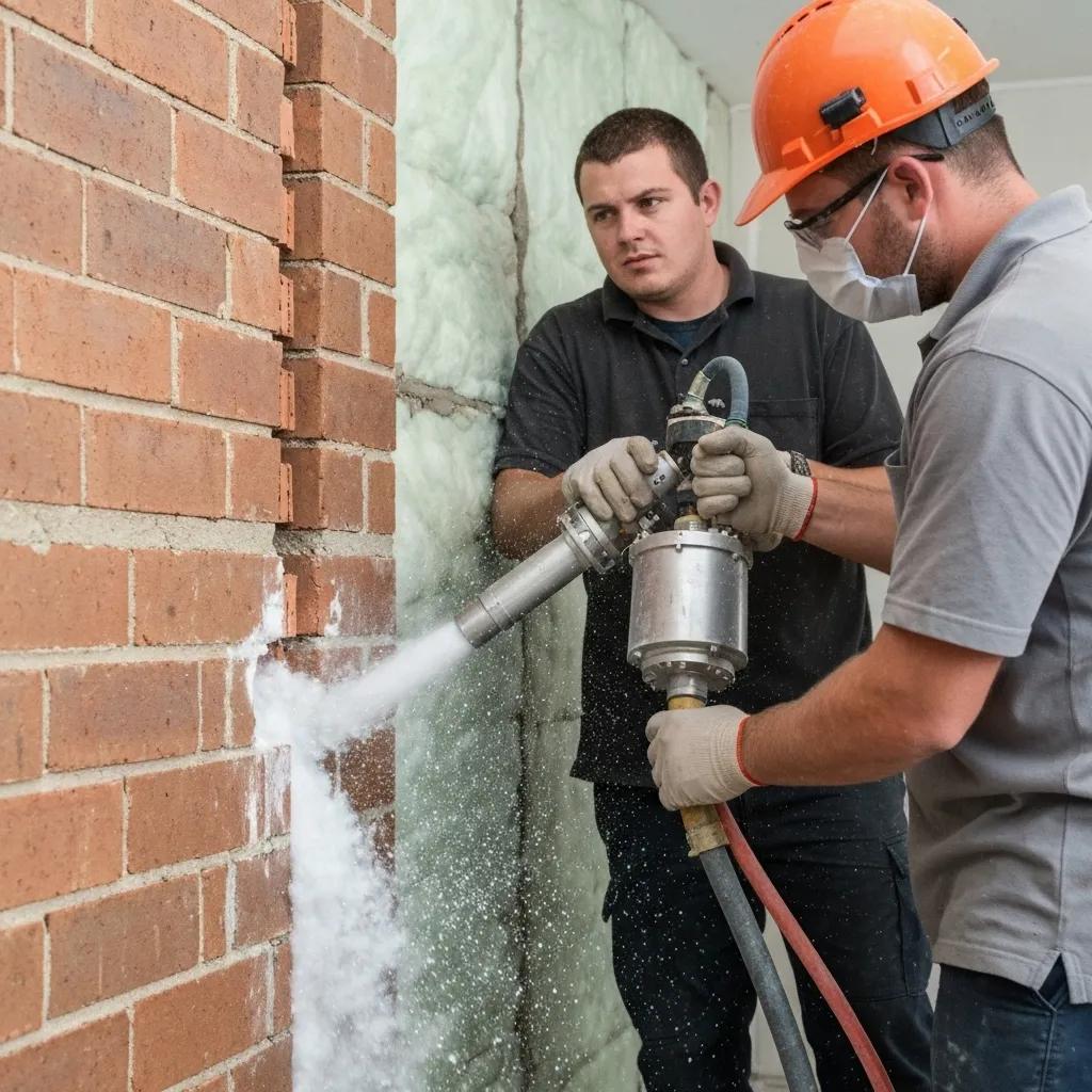 Technicians applying blow-in insulation to a double-brick wall in a South Perth home