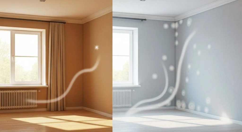 Split view of a room illustrating the effects of uninsulated cavity walls, showing drafts and cold spots